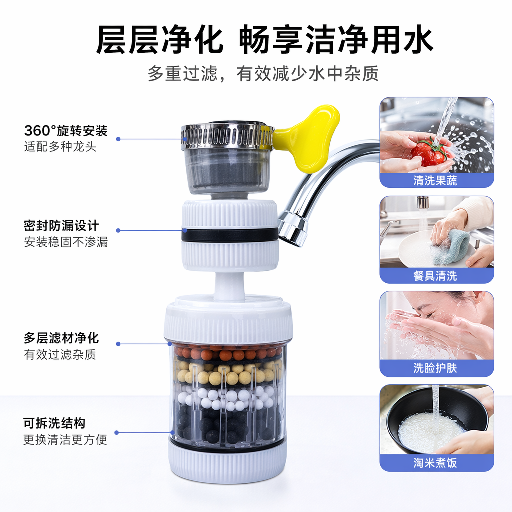白色滤水器带黄色手柄多层滤芯家用净水设备