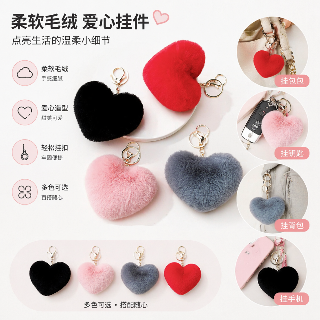 彩色毛绒心形钥匙扣可爱挂件女生礼品车载包饰