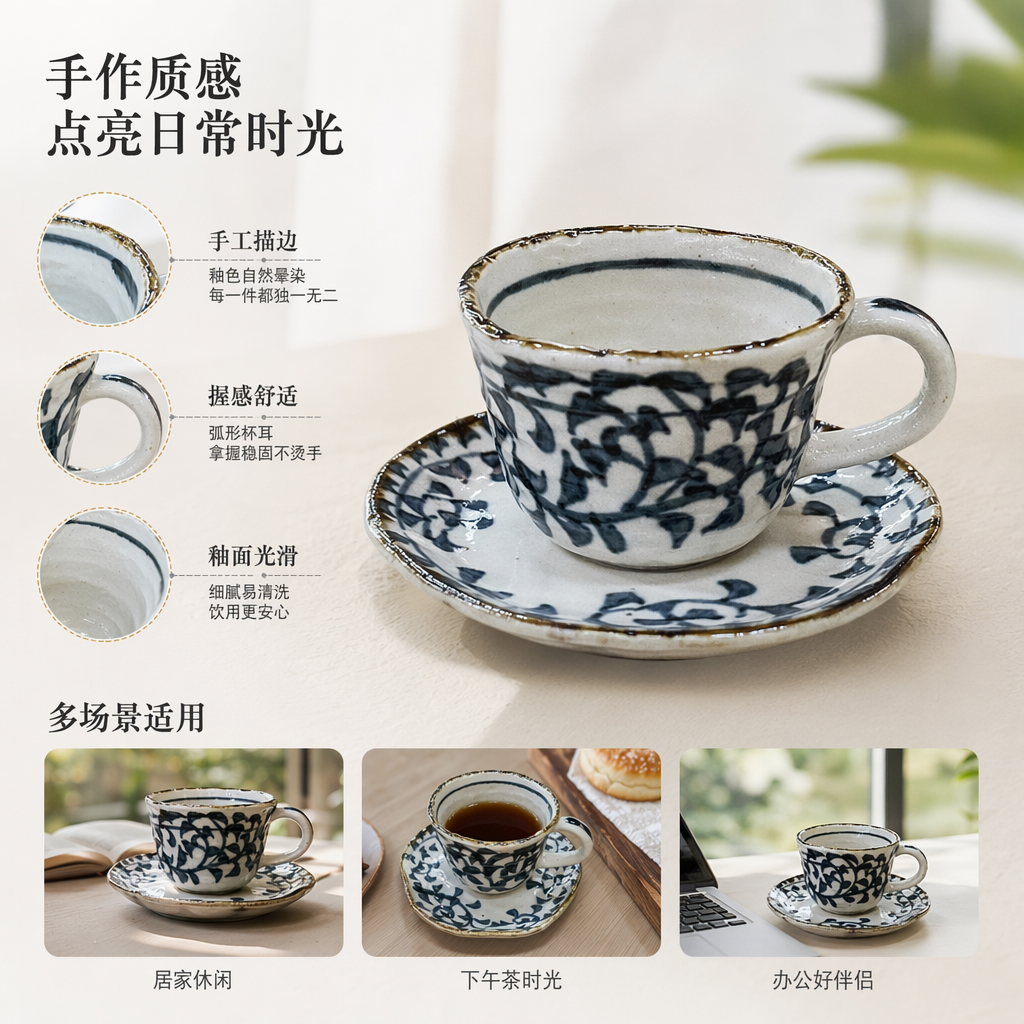 青花瓷杯碟套装陶瓷茶具家用简约风餐具
