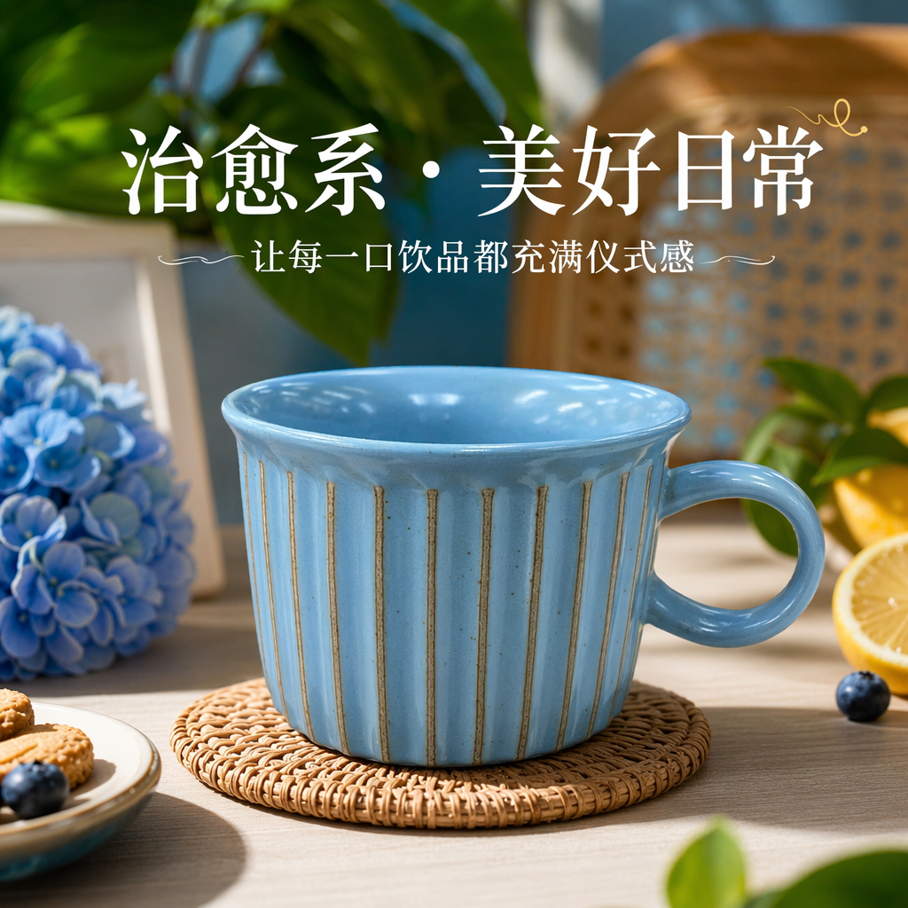 蓝色条纹陶瓷杯细节图