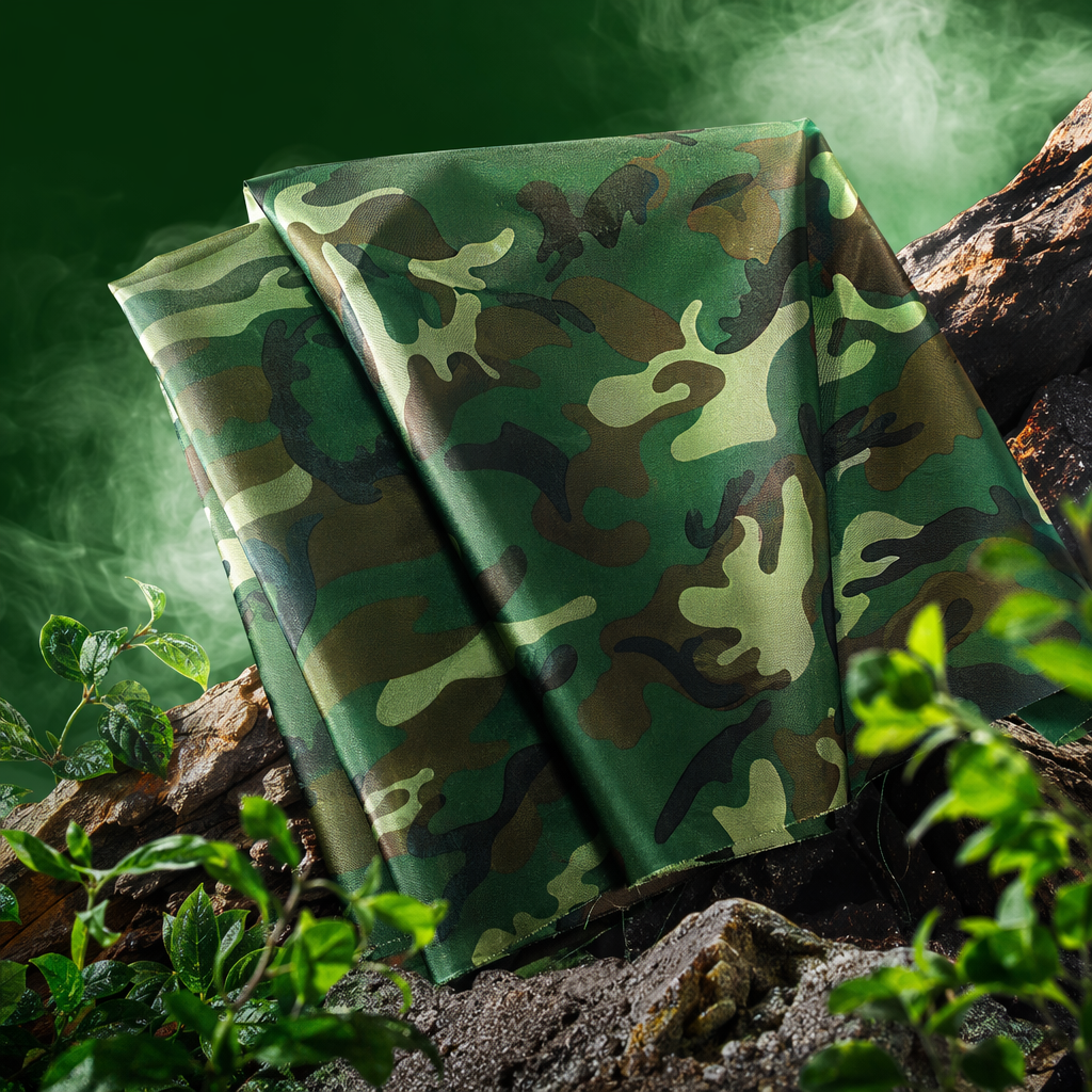 The green camouflage fabric is waterproof and wear-resistant. It is a polyester-cotton blend available in three colors: beige, white and grey. The width is 150cm Specification image