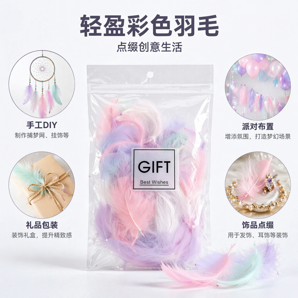 透明塑料袋装彩色羽毛礼盒装 GIFT Best Wishes标签