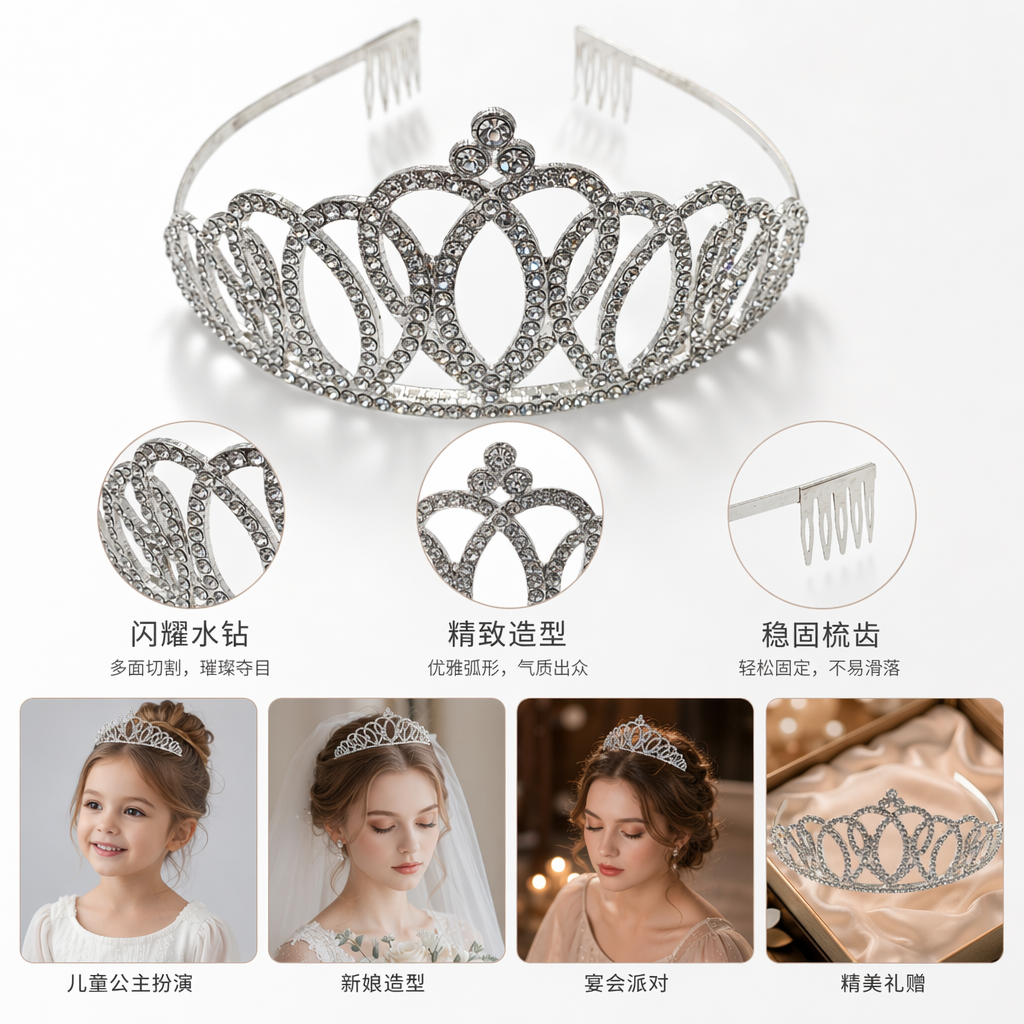 Silver diamond-encrusted crown headwear for the bride's wedding party decoration
