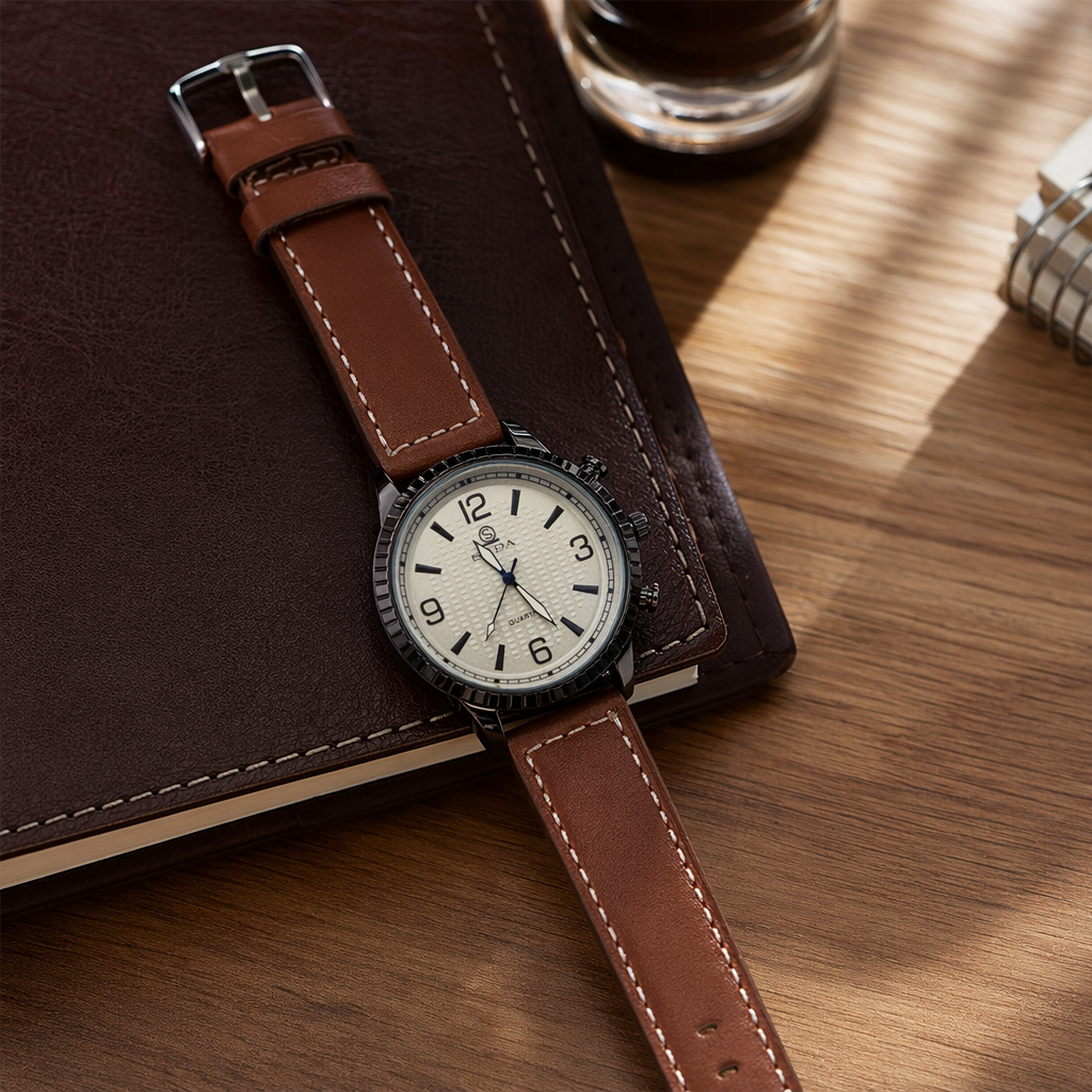 A simple business quartz watch for men with a brown leather strap and a leather strap that is waterproof and luminous details Picture