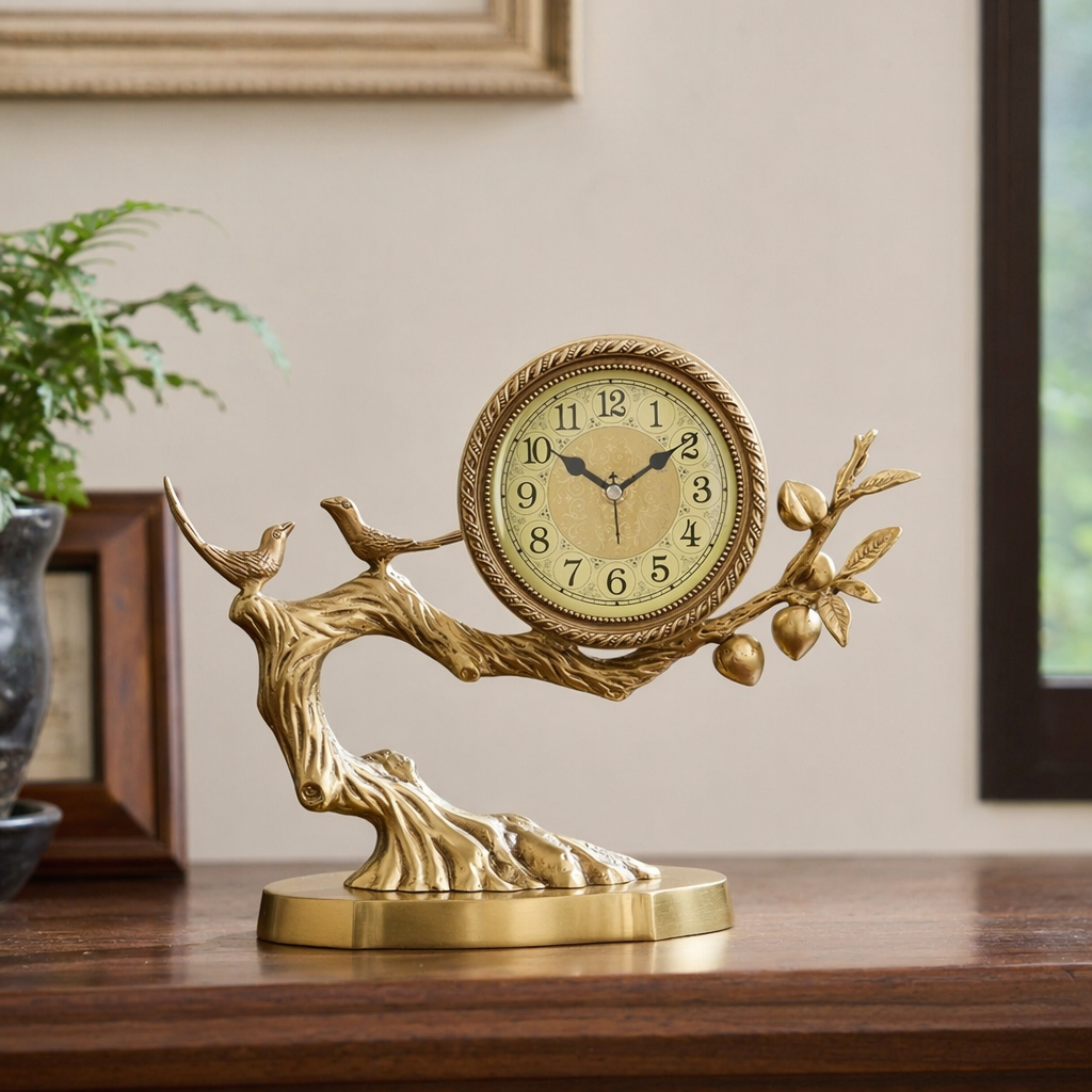 The golden branch-shaped table clock has digital scales on its face and is decorated with double bird fruits on the branches details Picture