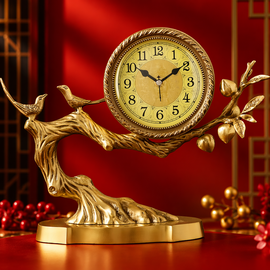 The golden branch-shaped table clock has digital scales on its face and is decorated with double bird fruits on the branches Specification image