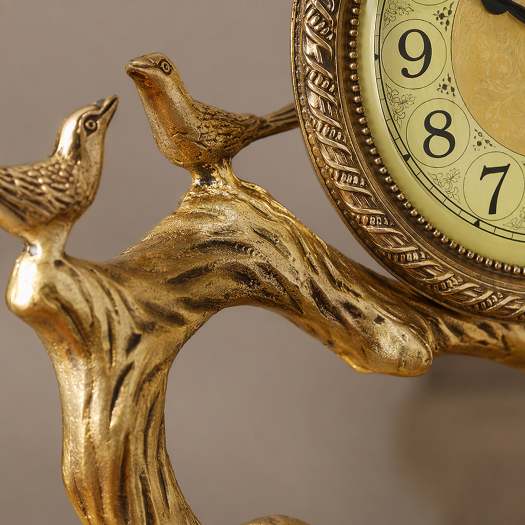 The golden branch-shaped table clock has digital scales on its face and is decorated with double bird fruits on the branches Application Scenario