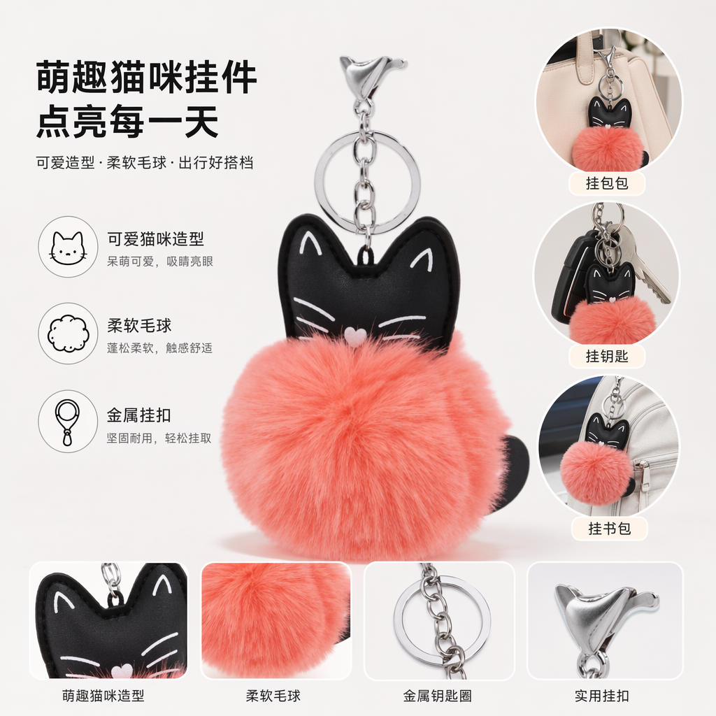 黑色猫头造型粉色毛绒球钥匙扣可爱萌系挂件