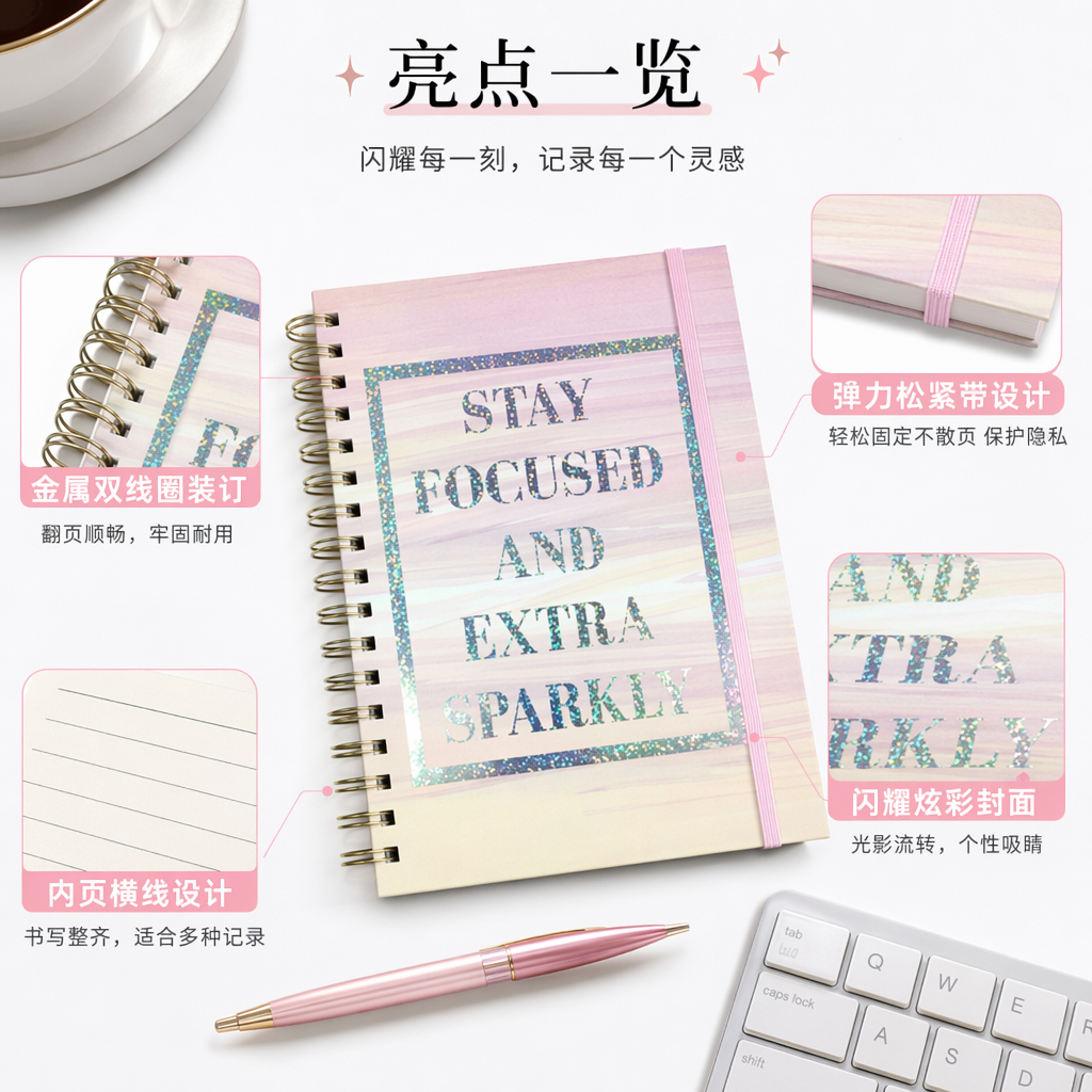 粉色渐变封面闪粉边框螺旋装订笔记本