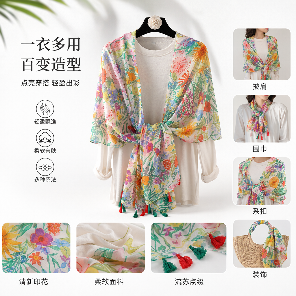 彩色花卉围巾搭配白色上衣秋冬保暖纯棉女士 scarf图