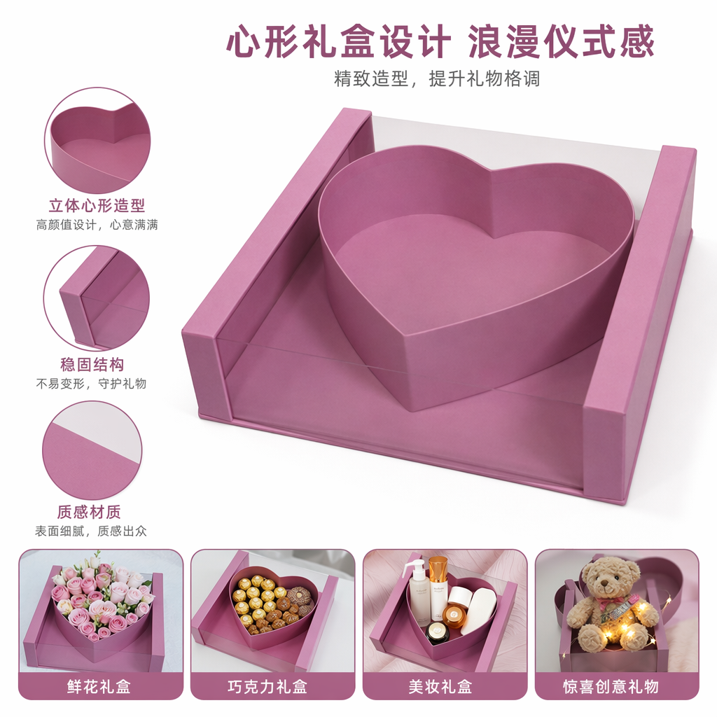 Pink heart-shaped gift box with candies and chocolates for Valentine's Day and birthdays