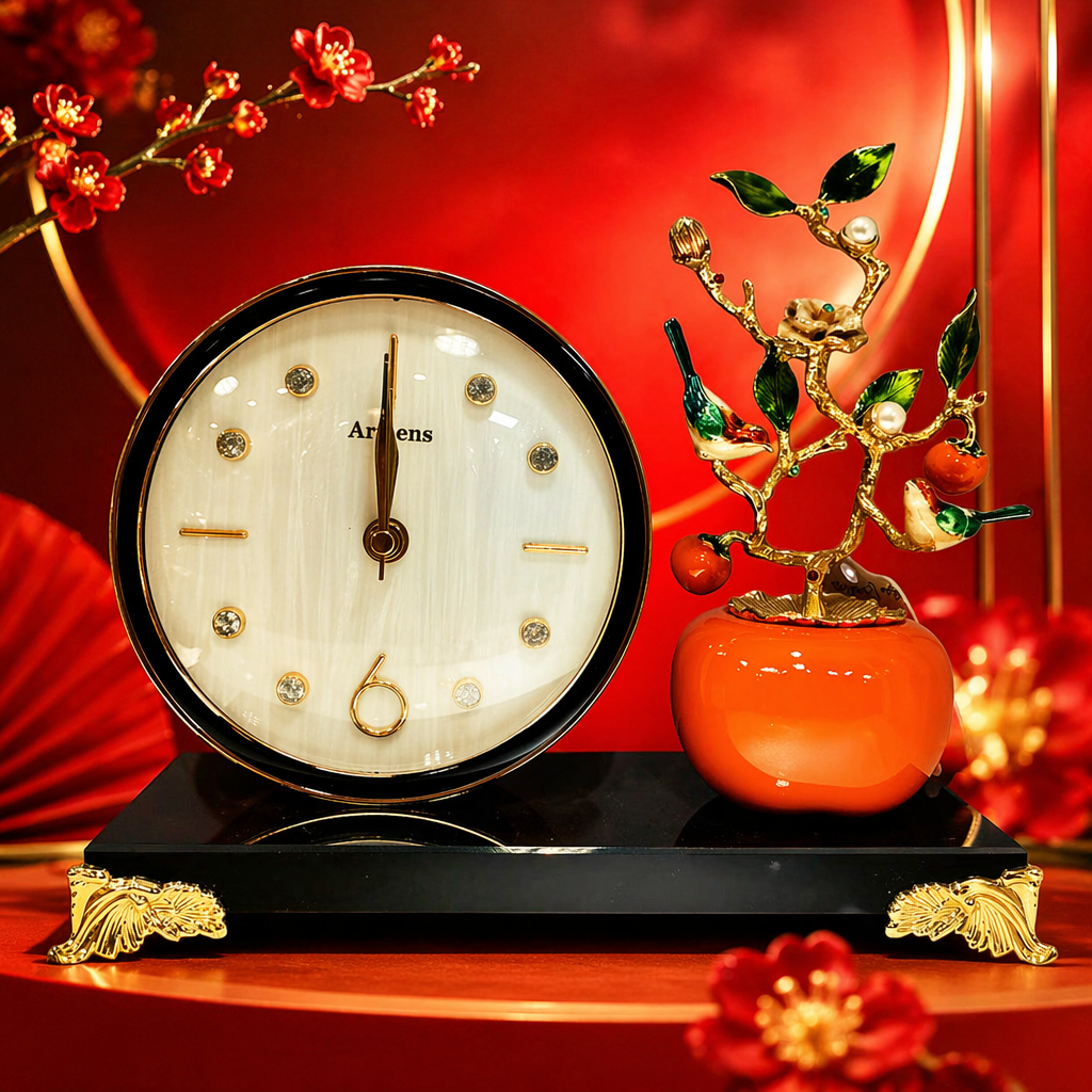 A black base with golden decoration, a table clock and a persimmon bird branch ornament set Specification image