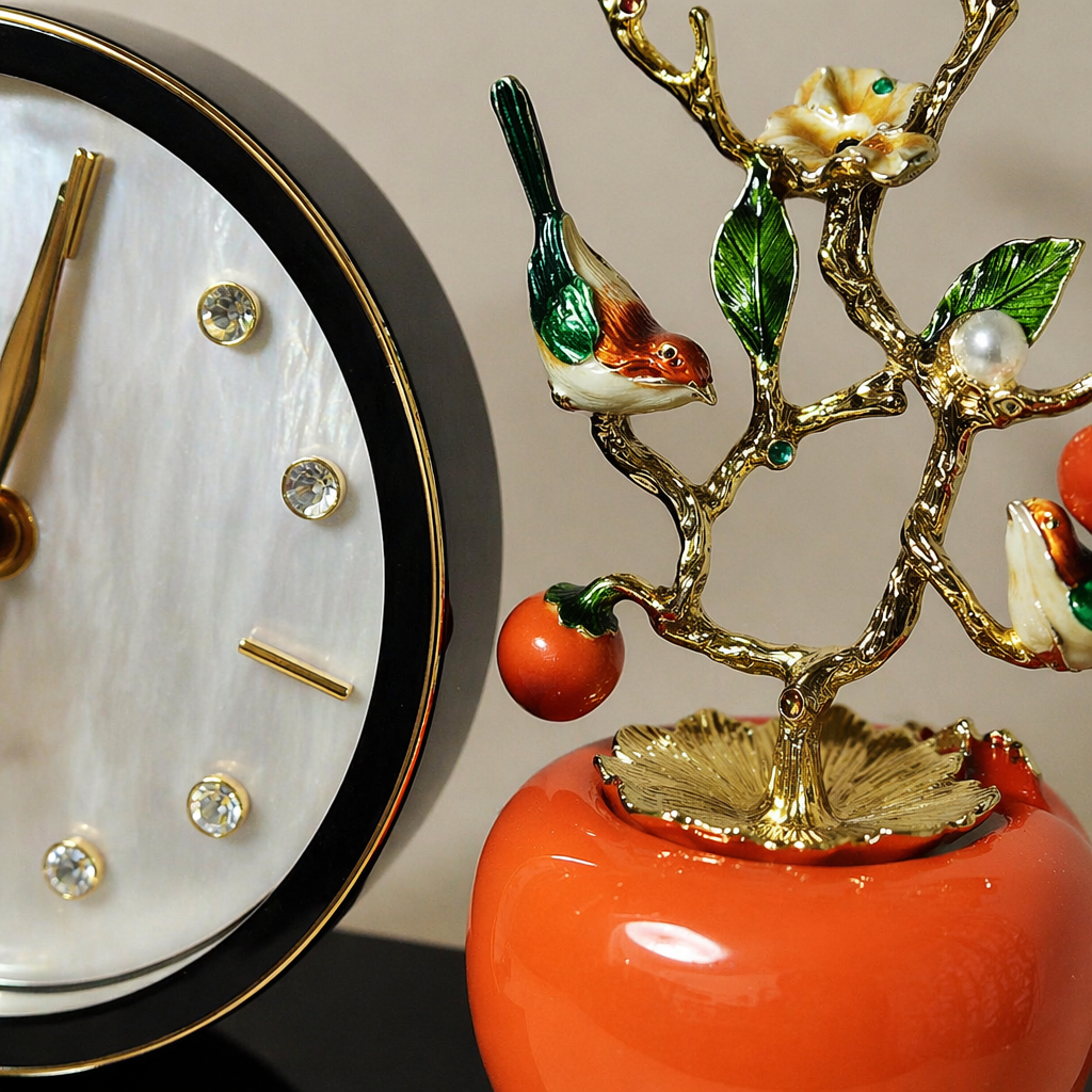 A black base with golden decoration, a table clock and a persimmon bird branch ornament set Application Scenario