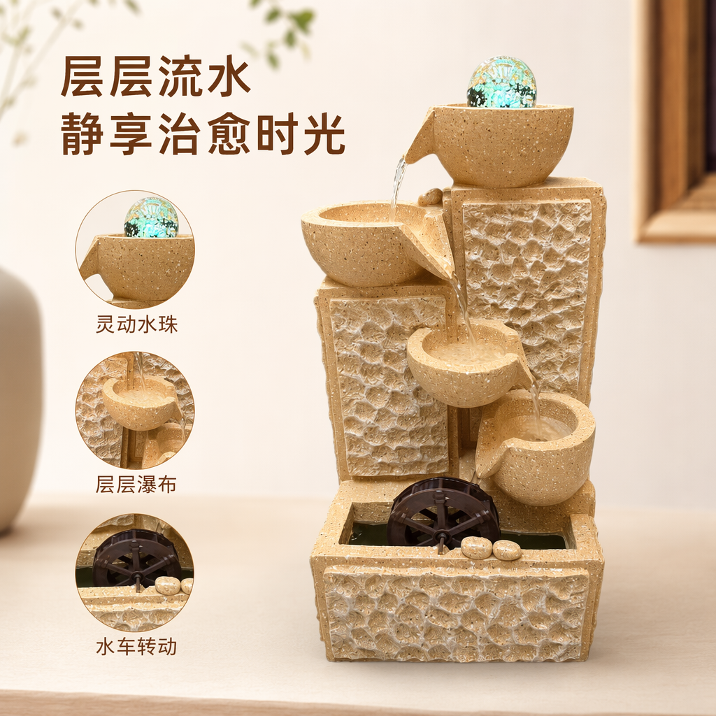 米黄色仿石流水摆件 多层碗槽旋转水轮彩球流水效果
