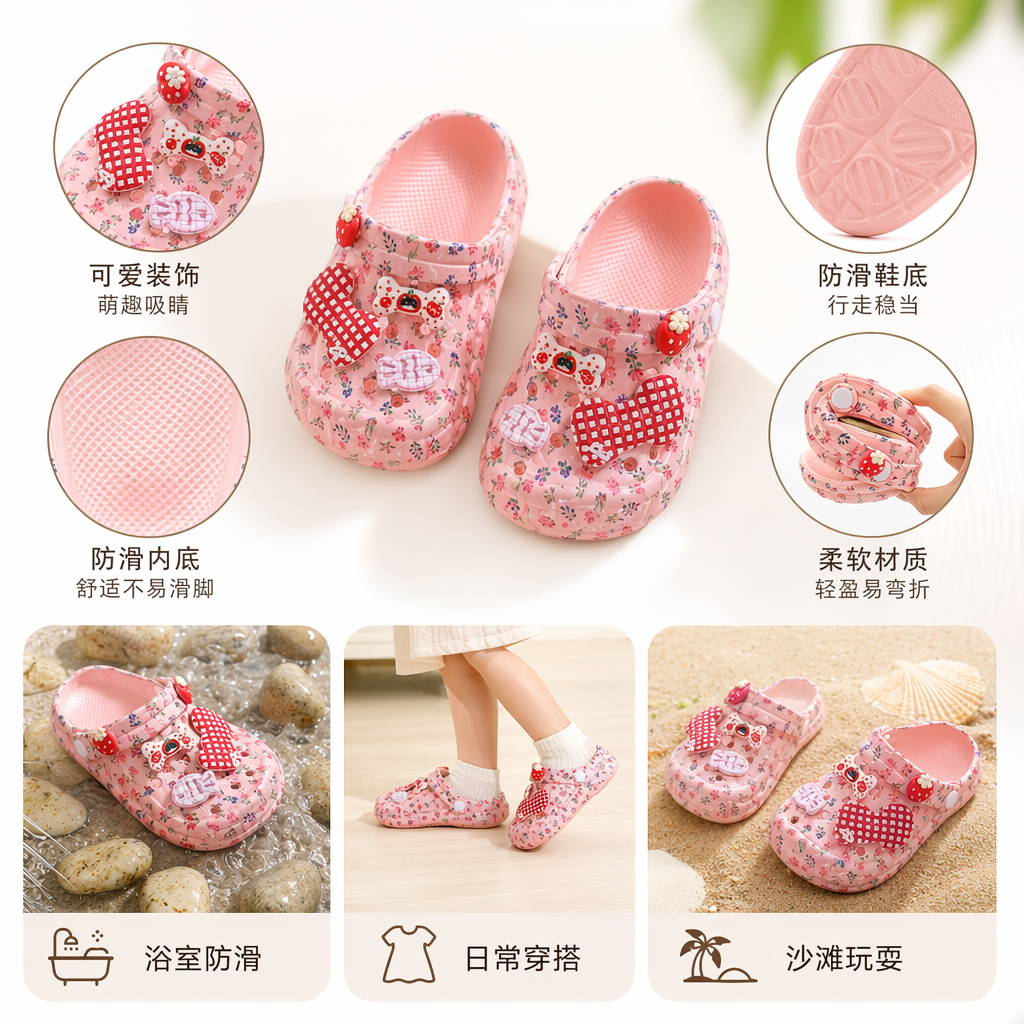 粉色白色碎花儿童洞洞鞋 红白格子蝴蝶结草莓小熊装饰