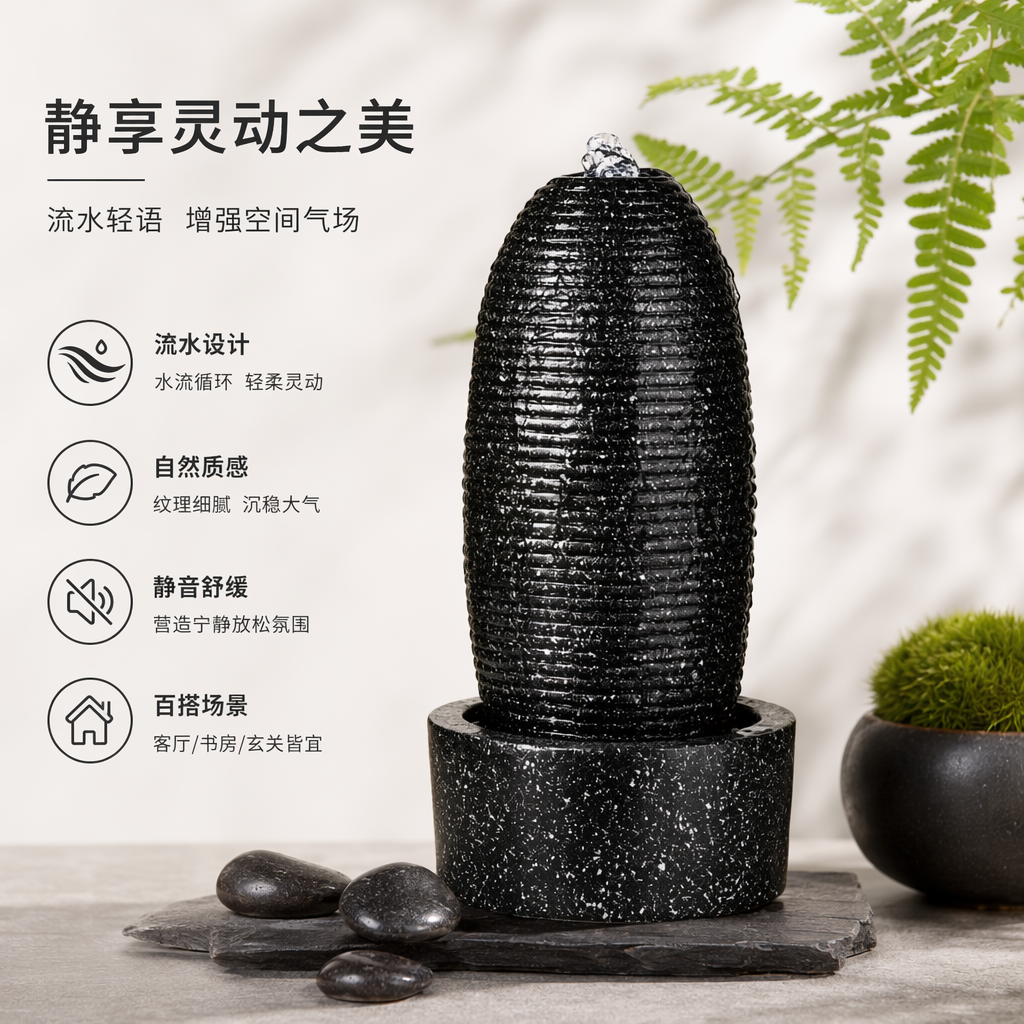 黑色条纹流水摆件客厅桌面装饰现代简约家居风水喷泉
