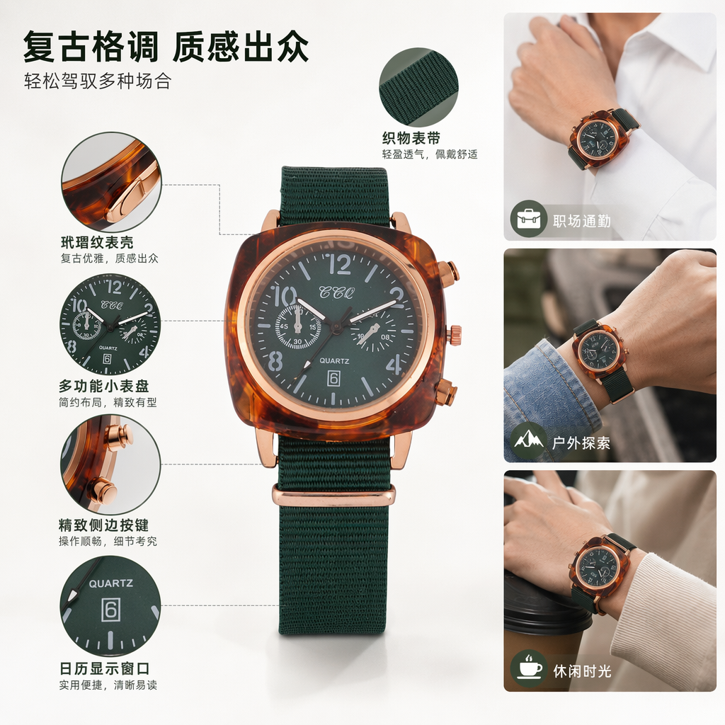 棕色玳瑁纹表壳配绿色表带时尚手表