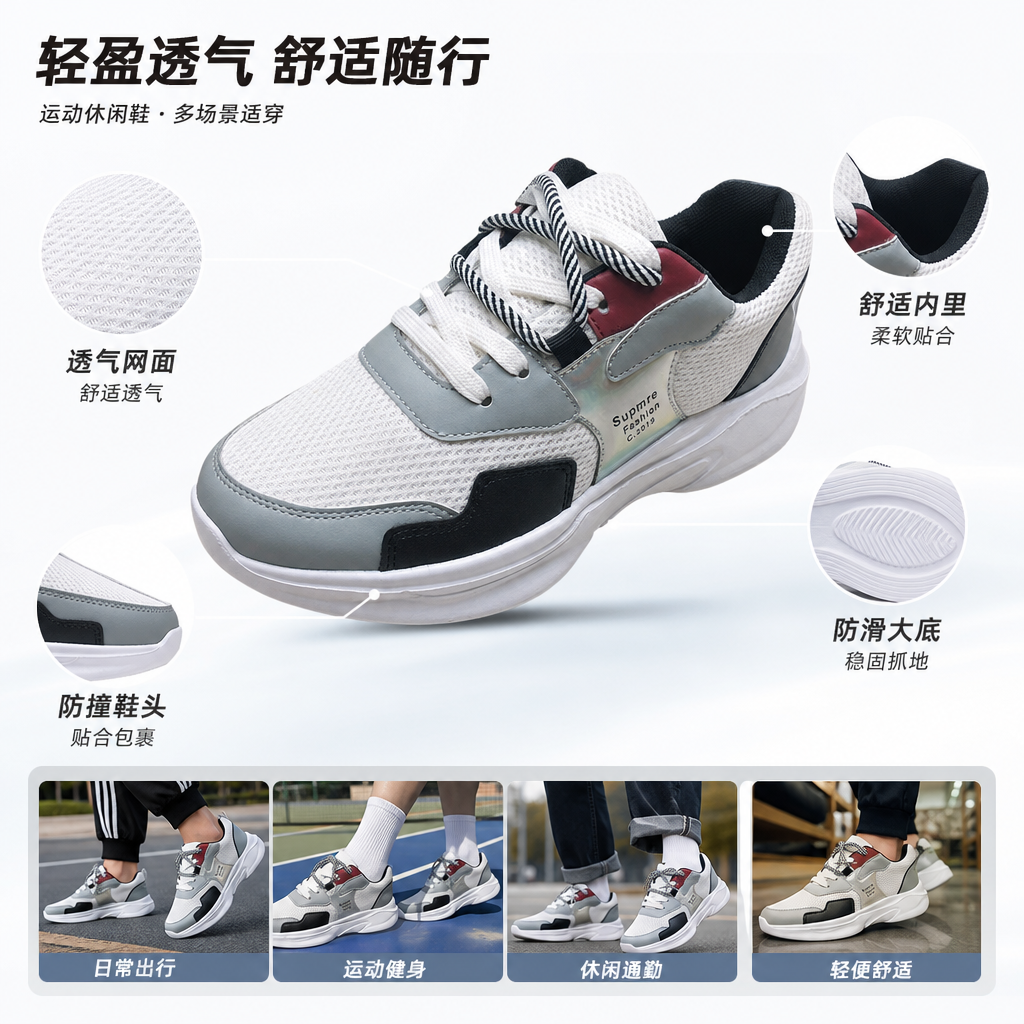 White mesh sports shoes, breathable and lightweight, unisex casual running shoes
