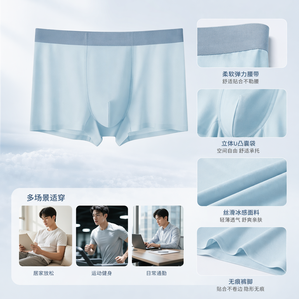 Light blue pure cotton men's underwear with flat corners, comfortable and breathable basic style