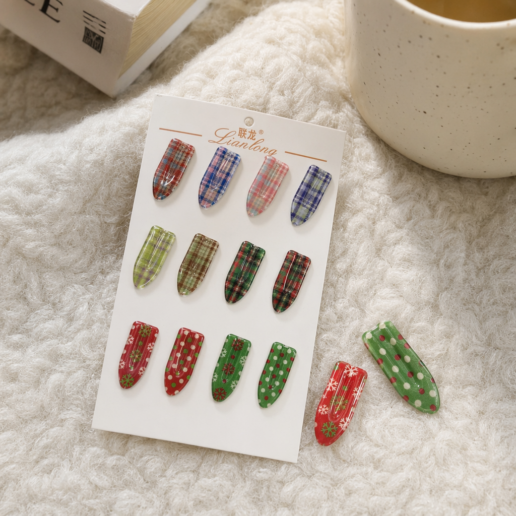 彩色格子与雪花波点图案发夹套装产品图