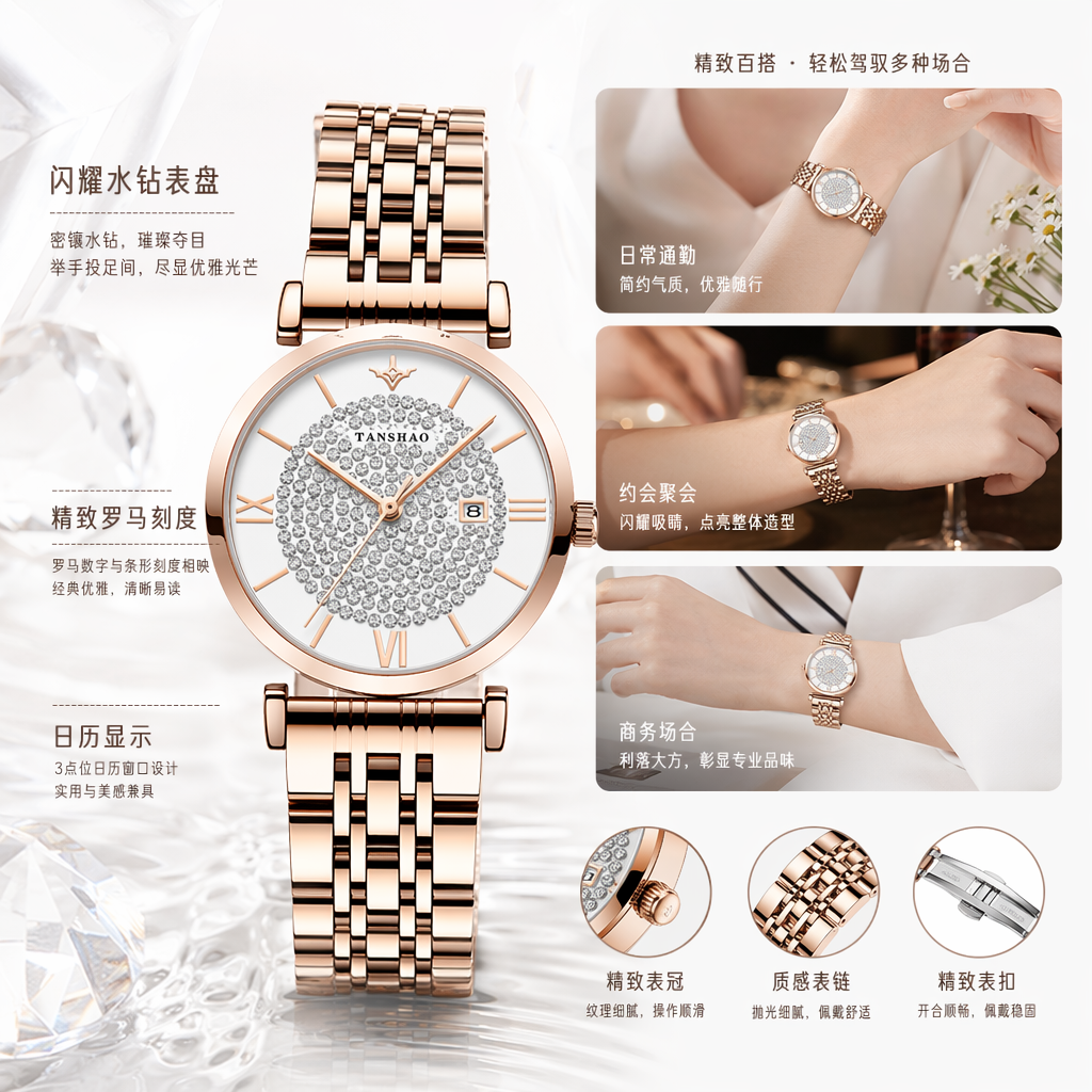 玫瑰金表带手表女士简约时尚石英表