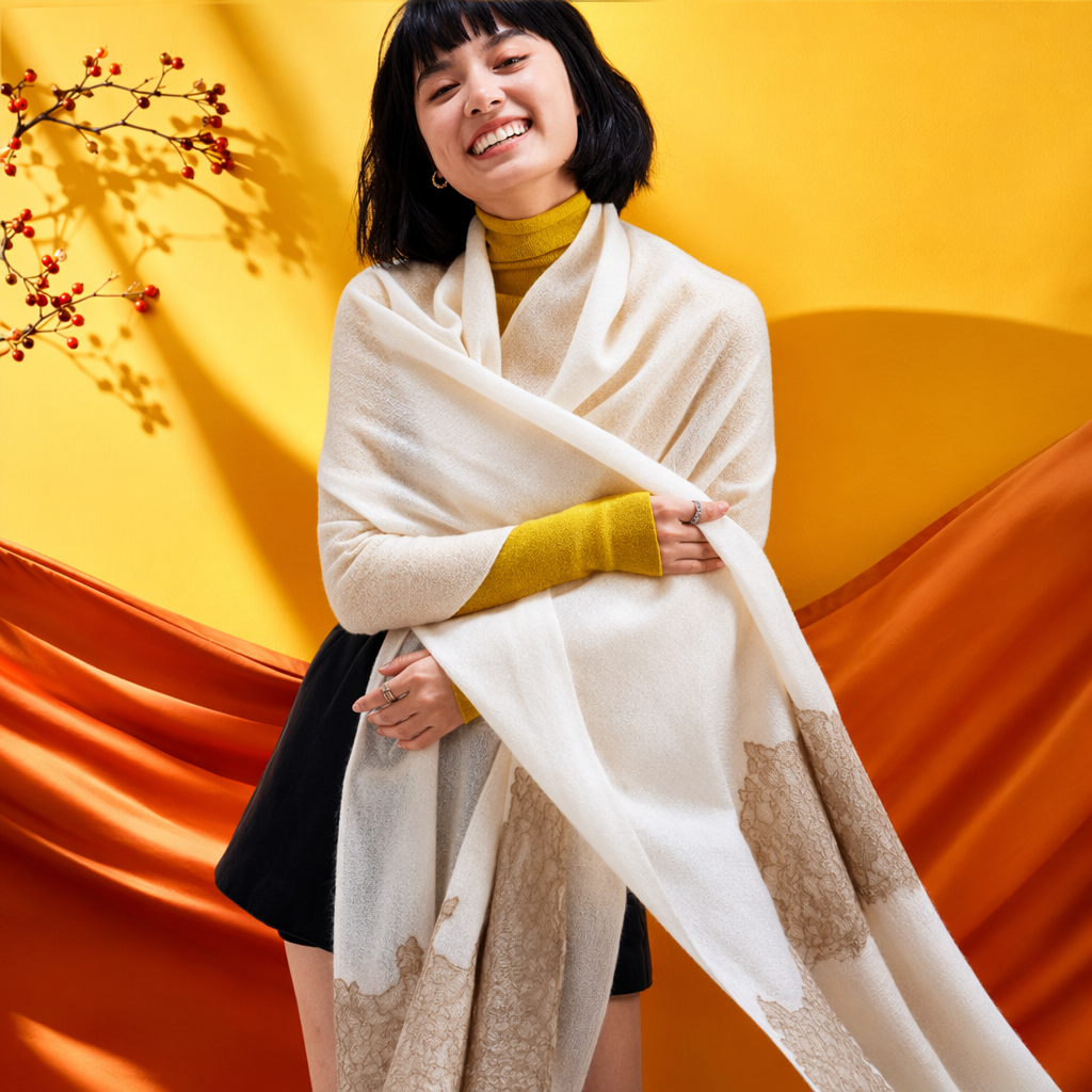 米白色蕾丝边围巾+女性细节图