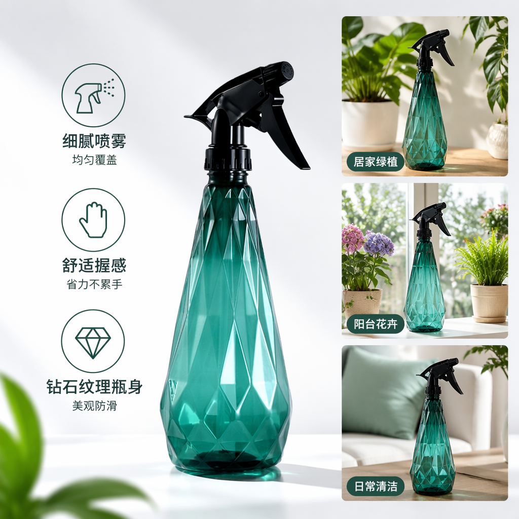 绿色菱形纹理喷壶 家用园艺浇水壶 喷雾均匀 耐用塑料