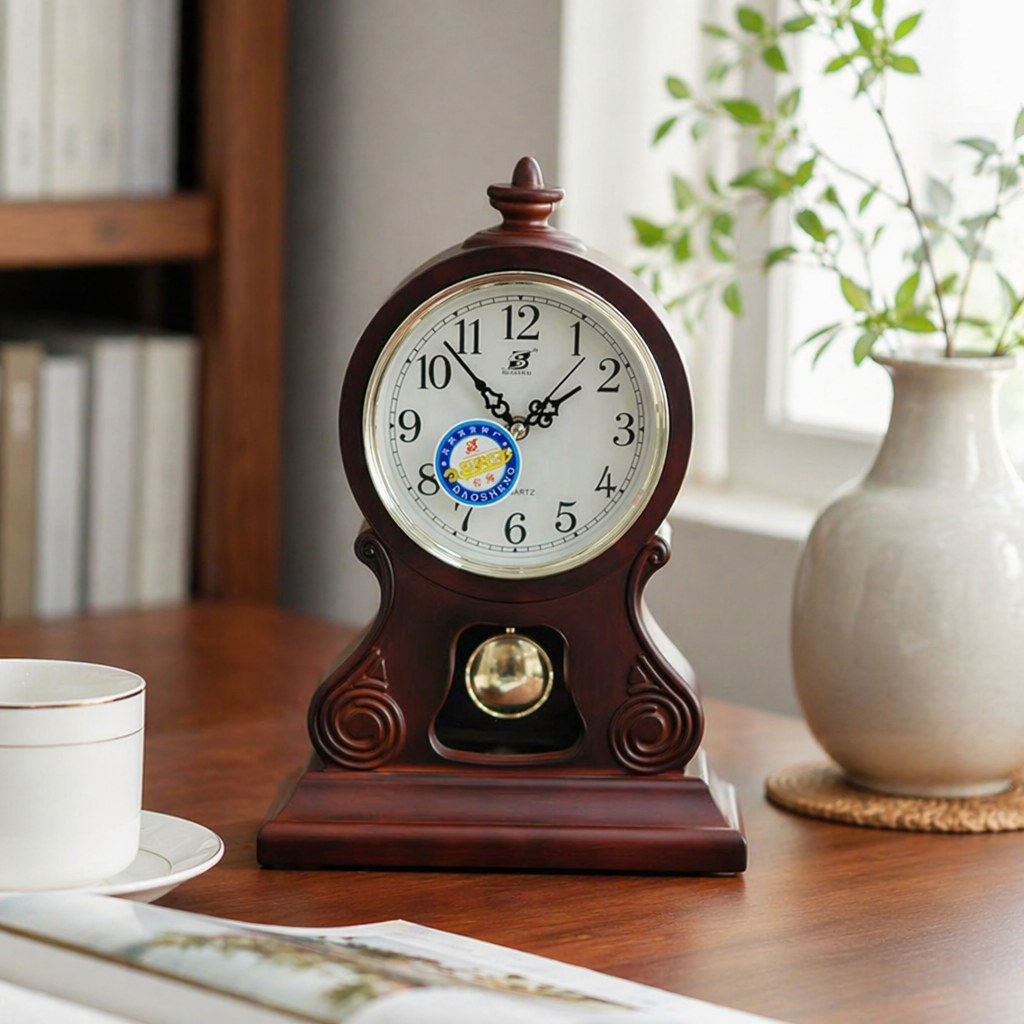 Dark brown vintage wall clock, living room pendulum clock, bedroom decorative wall clock, wooden mechanical clock details Picture