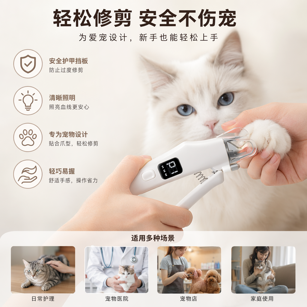 White pet nail clipper for cats, with a safe round head design, is quiet and labor-saving
