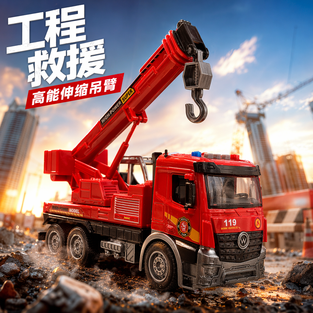 红色消防吊车儿童益智玩具 合金车模 工程车模型可动关节 Specification image
