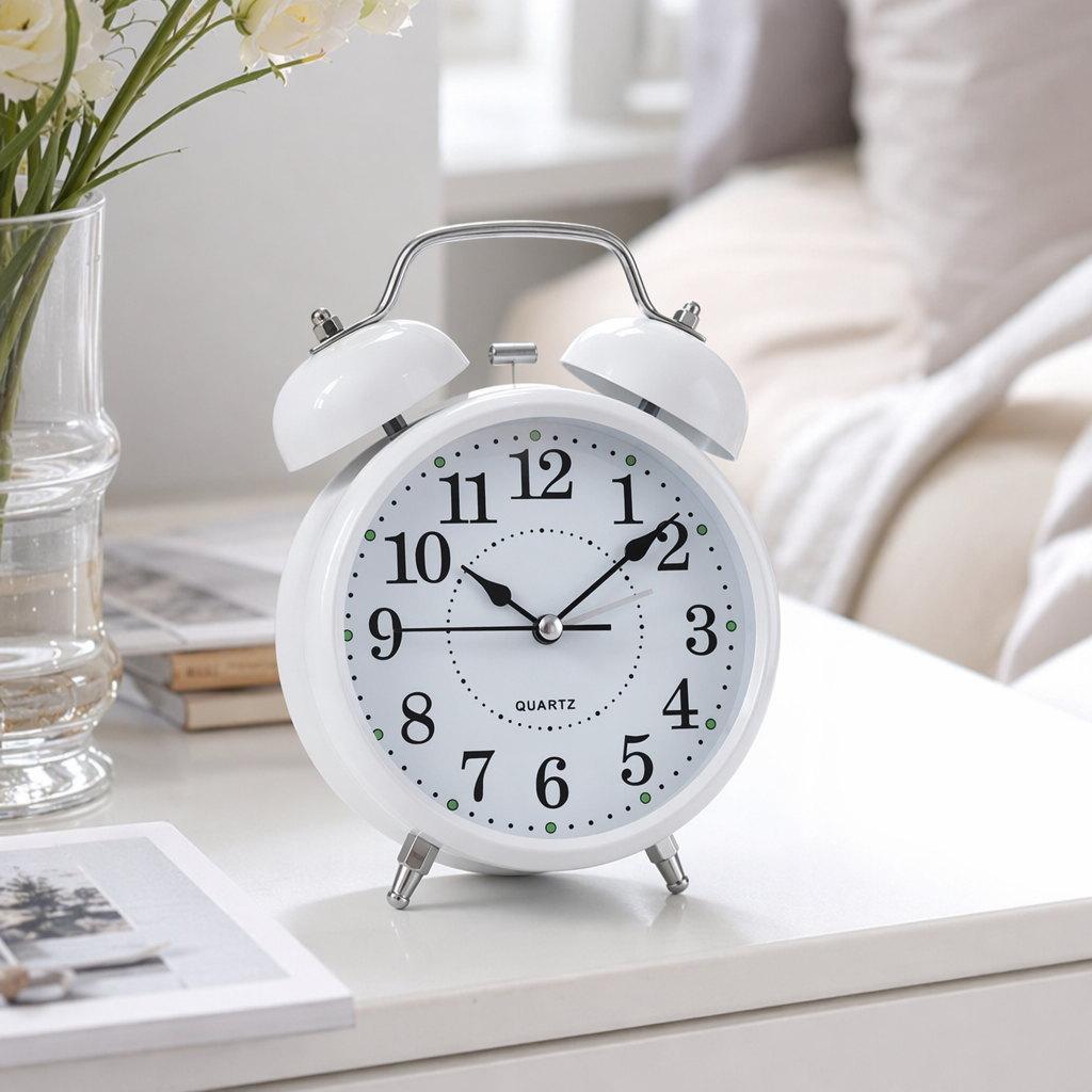 White, simple and silent alarm clock, bedside electronic clock in the bedroom, battery-powered, adjustable ringtone details Picture