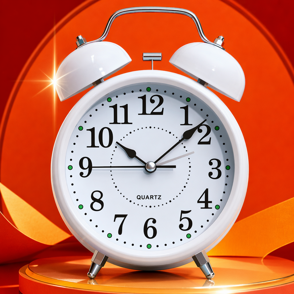 White, simple and silent alarm clock, bedside electronic clock in the bedroom, battery-powered, adjustable ringtone Specification image