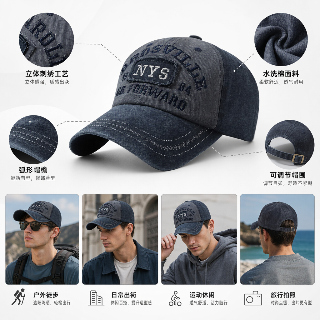 深灰色牛仔棒球帽 男女同款休闲百搭可调节软顶