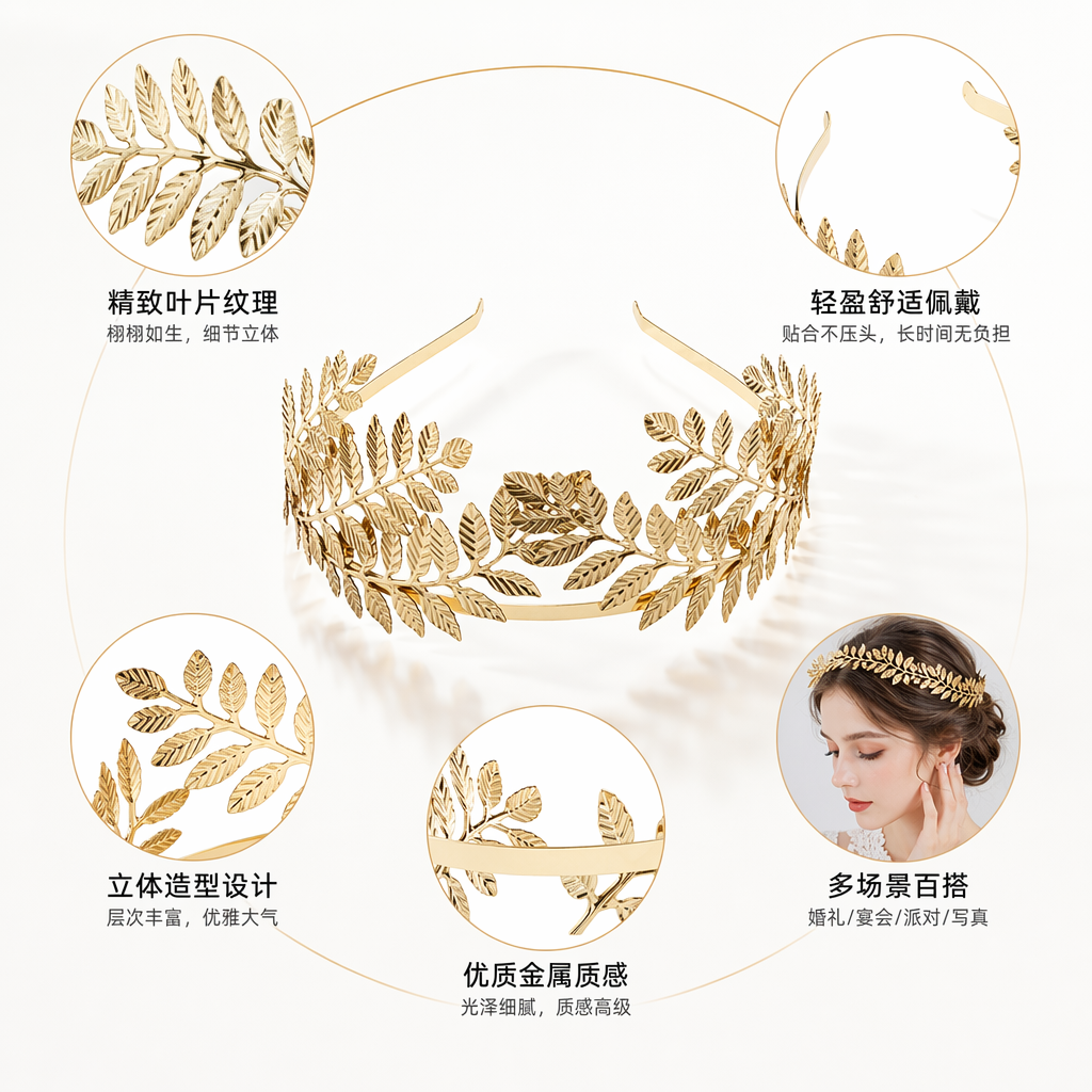 金色叶形头冠 仿真植物装饰头饰 轻盈复古新娘配饰