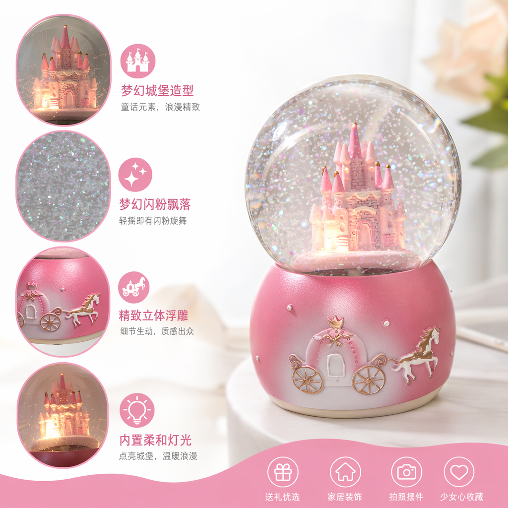 粉色城堡雪景球音乐旋转摆件节日装饰家居礼品