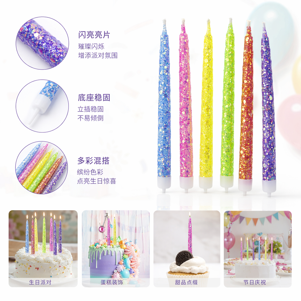 Handmade colored glitter scented candles for indoor decoration and atmosphere