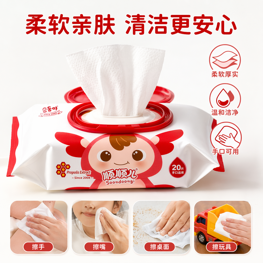红色包装卡通娃娃婴儿湿巾 亲肤柔润无酒精可擦脸
