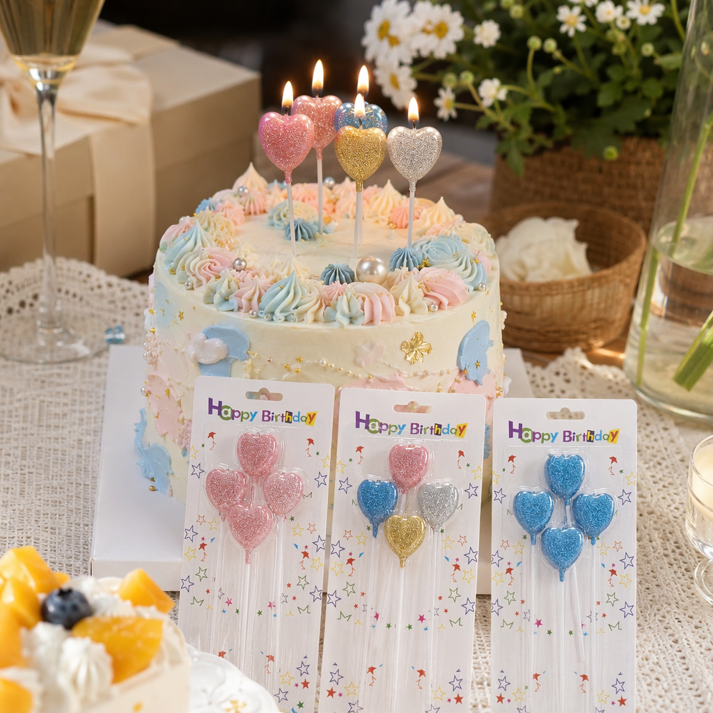 Colorful heart-shaped birthday candles Creative party decoration candle set details Picture