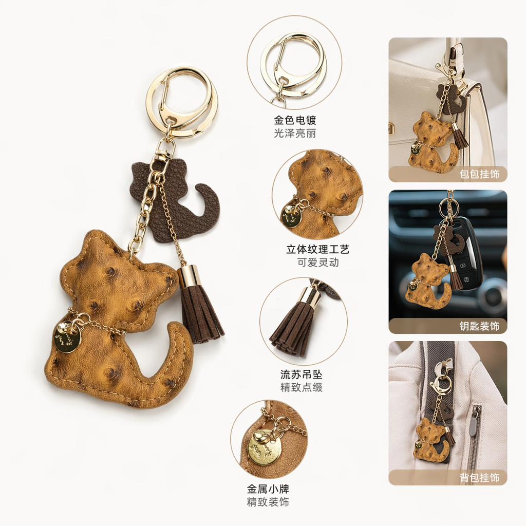 棕色鸵鸟纹猫形钥匙扣配金色链条深棕色流苏小吊牌白色键盘纸张