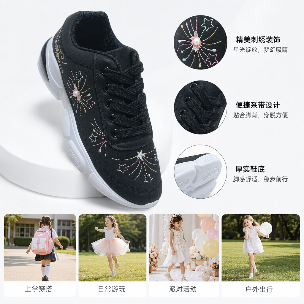 黑色绣花运动鞋 透气轻便男女同款休闲百搭