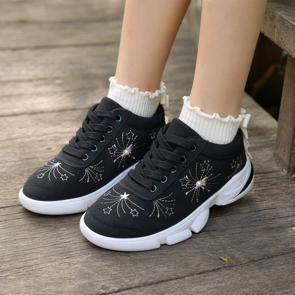 Black embroidered sports shoes are breathable, lightweight, unisex, casual and versatile details Picture