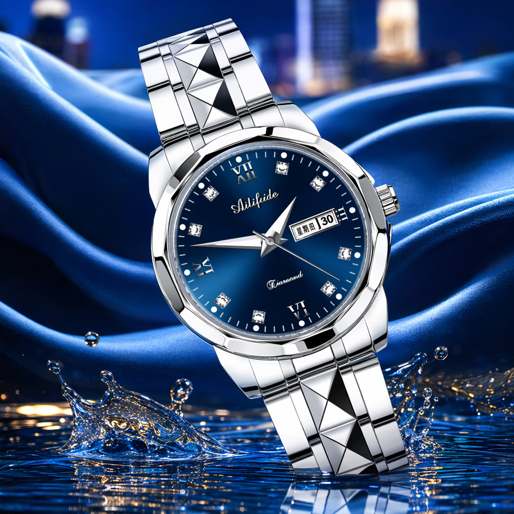 Ladies' quartz watch with a blue dial and a silver metal strap Specification image