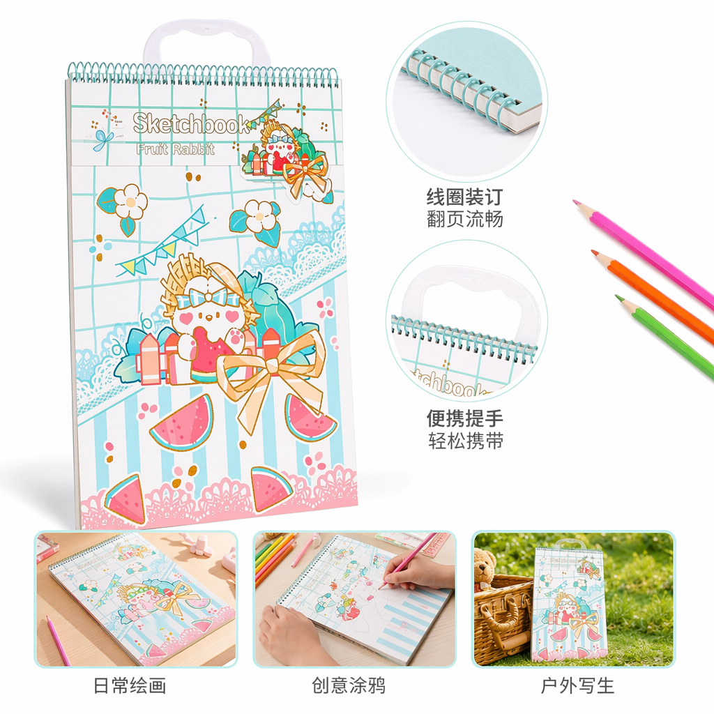彩色螺旋装订素描本 水果兔子卡通图案封面 16K加厚纸