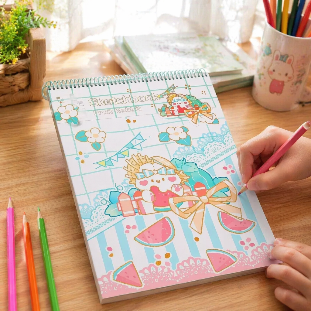 A color spiral-bound sketchbook with a cartoon pattern of fruit rabbits on the cover and 16K thickened paper details Picture