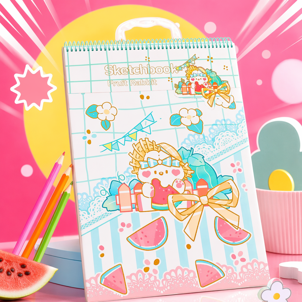A color spiral-bound sketchbook with a cartoon pattern of fruit rabbits on the cover and 16K thickened paper Specification image