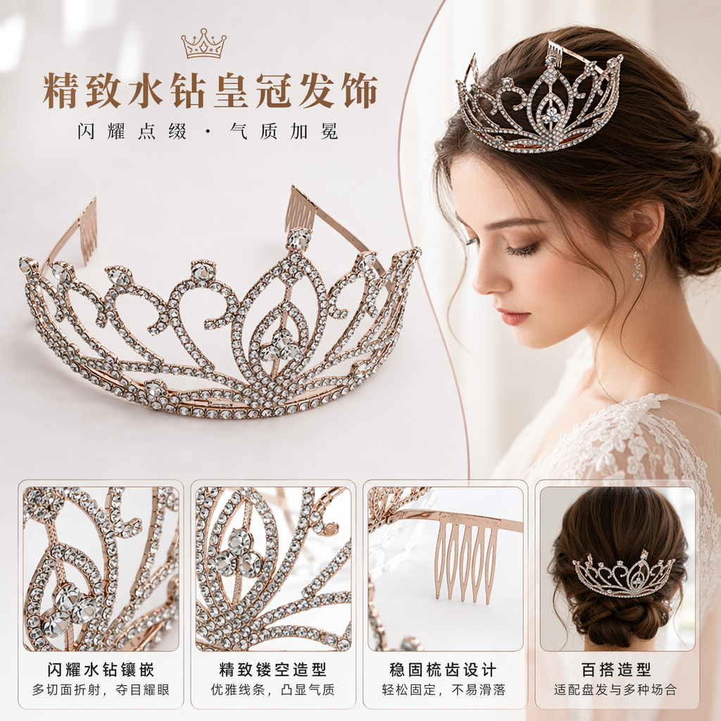 Rose gold diamond-encrusted crown headwear for brides' wedding accessories