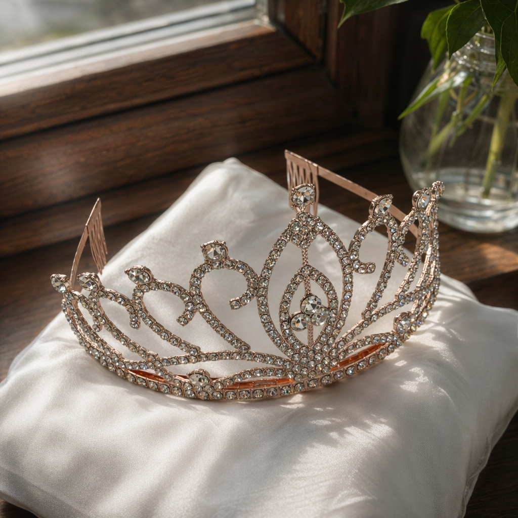 Rose gold diamond-encrusted crown headwear for brides' wedding accessories details Picture