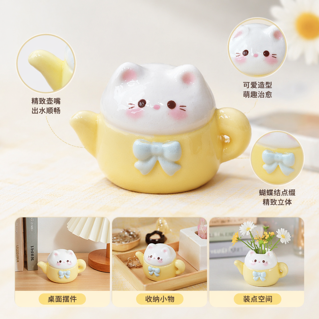 黄色茶壶造型小摆件 白色猫头顶部带粉色腮红黑眼睛
