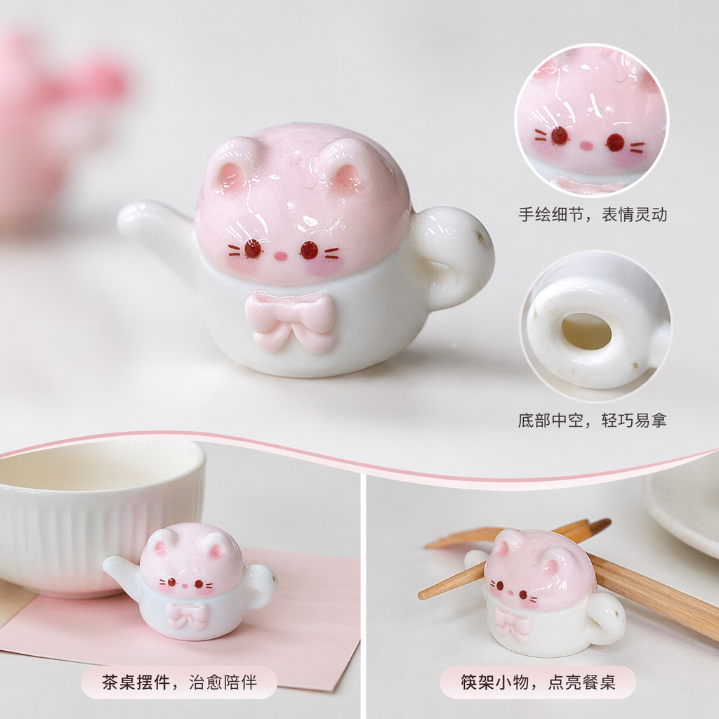 粉色猫头白色陶瓷茶壶家用简约创意泡茶壶