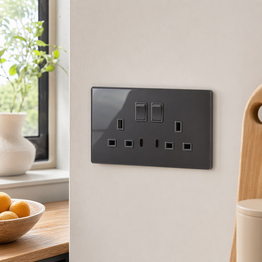 S7.5 glass black/white/grey dual 13A wall socket with simple design, exclusively for export